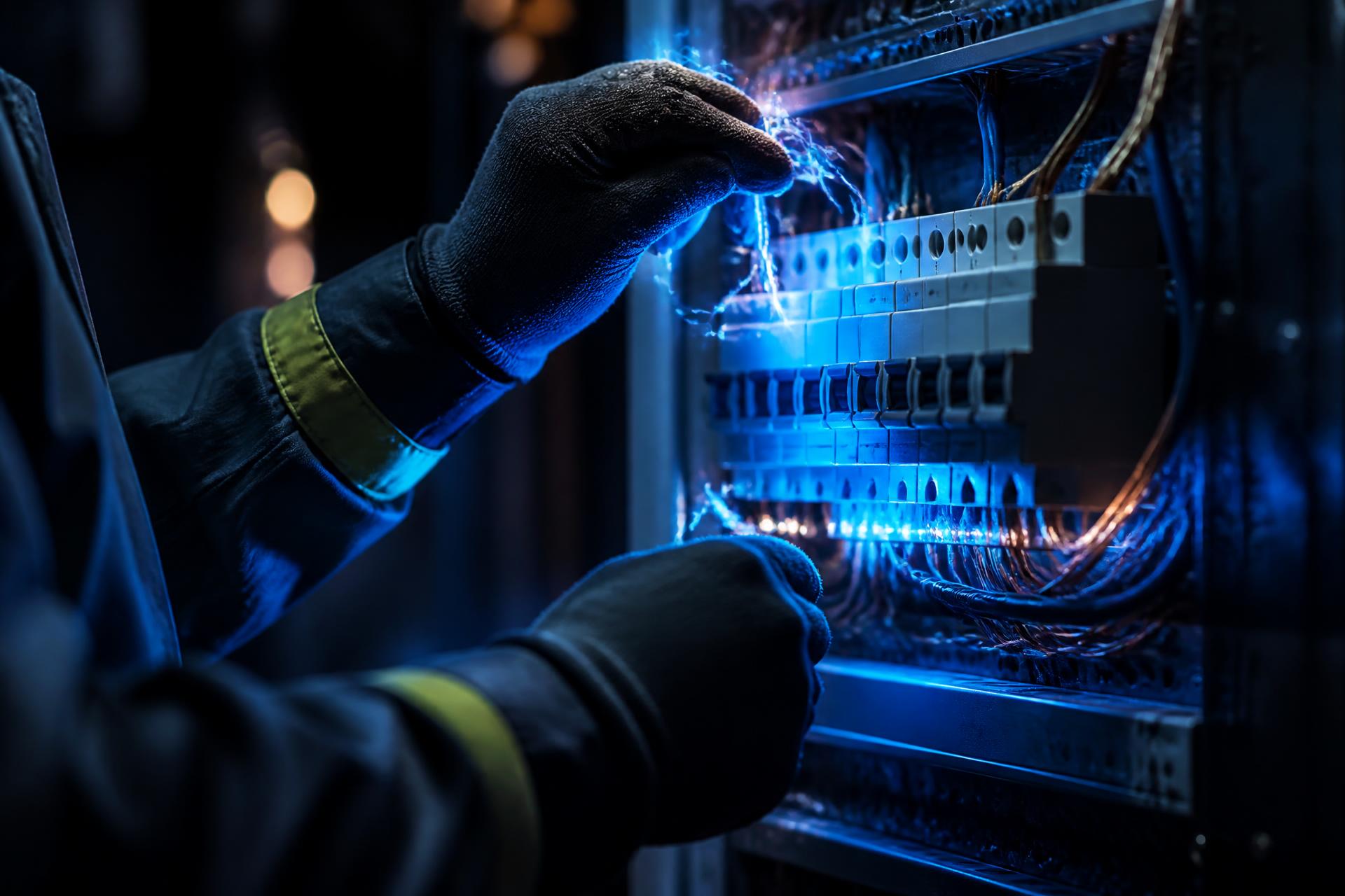 Electrician working on a residential breaker panel with glowing blue energy accents